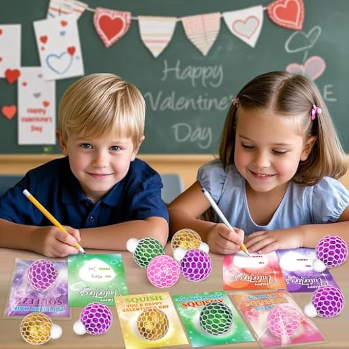 spring flower 24 Pack Valentines Day Card,Valentines Day with Squeeze Stretch Fidget Toy Ball,Kids School Classroom Valentines Card Gifts Exchange Valentine Party Favors Prize for Kids - Image 4