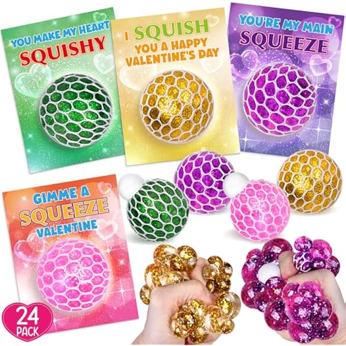spring flower 24 Pack Valentines Day Card,Valentines Day with Squeeze Stretch Fidget Toy Ball,Kids School Classroom Valentines Card Gifts Exchange Valentine Party Favors Prize for Kids - Image 1