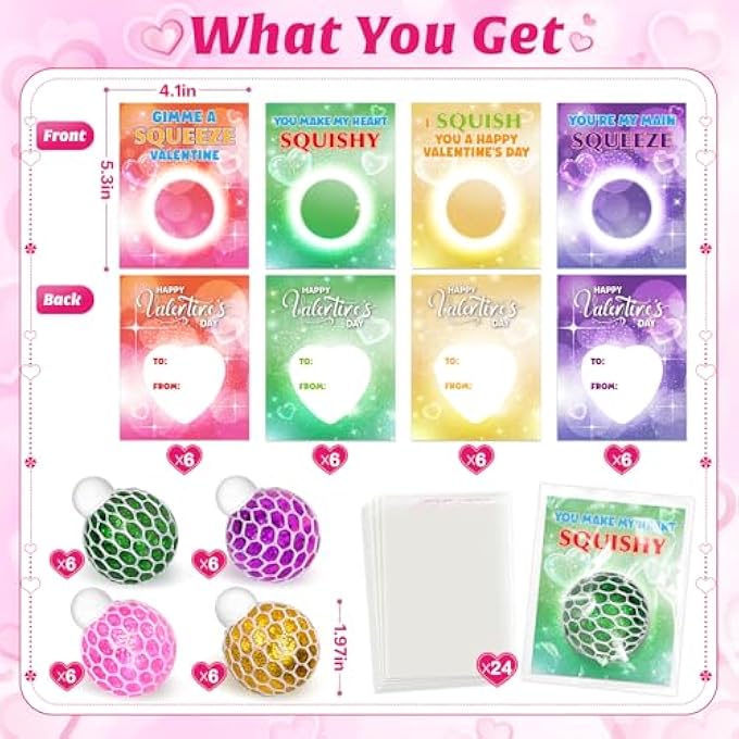 spring flower 24 Pack Valentines Day Card,Valentines Day with Squeeze Stretch Fidget Toy Ball,Kids School Classroom Valentines Card Gifts Exchange Valentine Party Favors Prize for Kids - Image 2