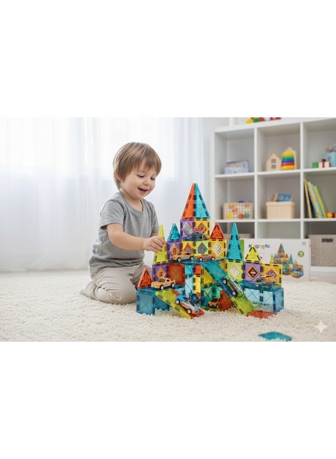 Magni Mates 75 PCS Magnetic DIY Blocks Set 5.5cm – Colorful Magnetic Building Tiles with Mini Cars and Airplane for Kids Creative Construction STEM Learning Toy - Image 1
