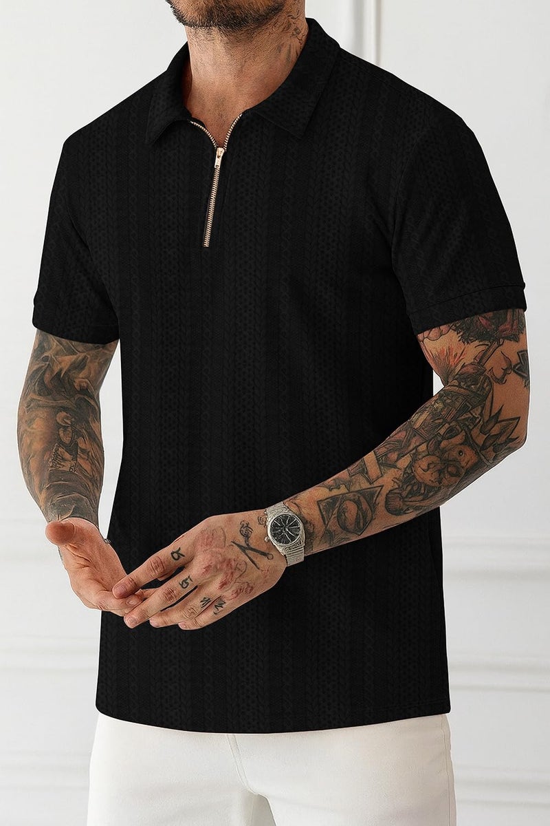 KAJARU Men's Polyester Blend t Shirt with Zip Regular Fit Short Sleeves Polo Collar Solid Pattern and Standard Length Black - Image 3