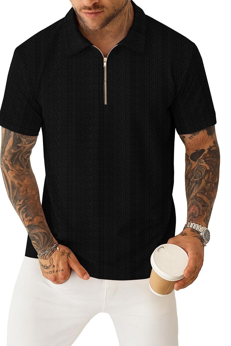 KAJARU Men's Polyester Blend t Shirt with Zip Regular Fit Short Sleeves Polo Collar Solid Pattern and Standard Length Black - Image 1