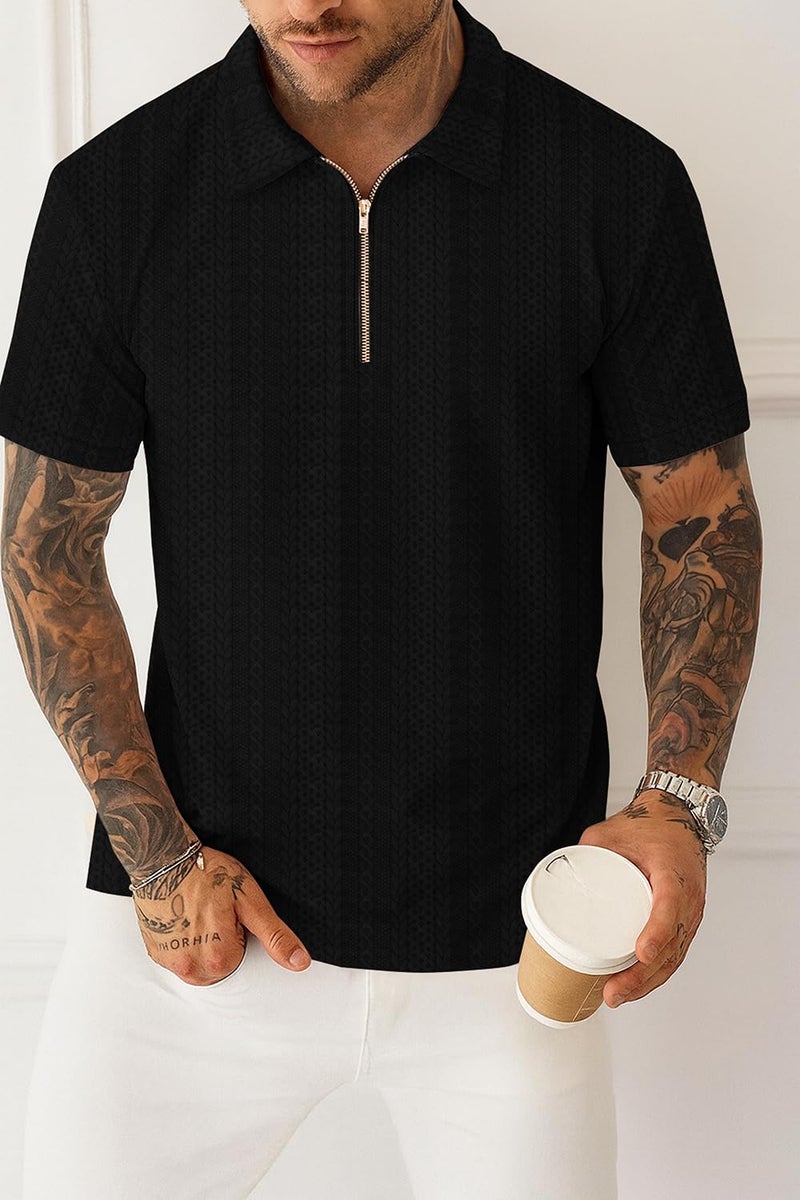 KAJARU Men's Polyester Blend t Shirt with Zip Regular Fit Short Sleeves Polo Collar Solid Pattern and Standard Length Black - Image 2