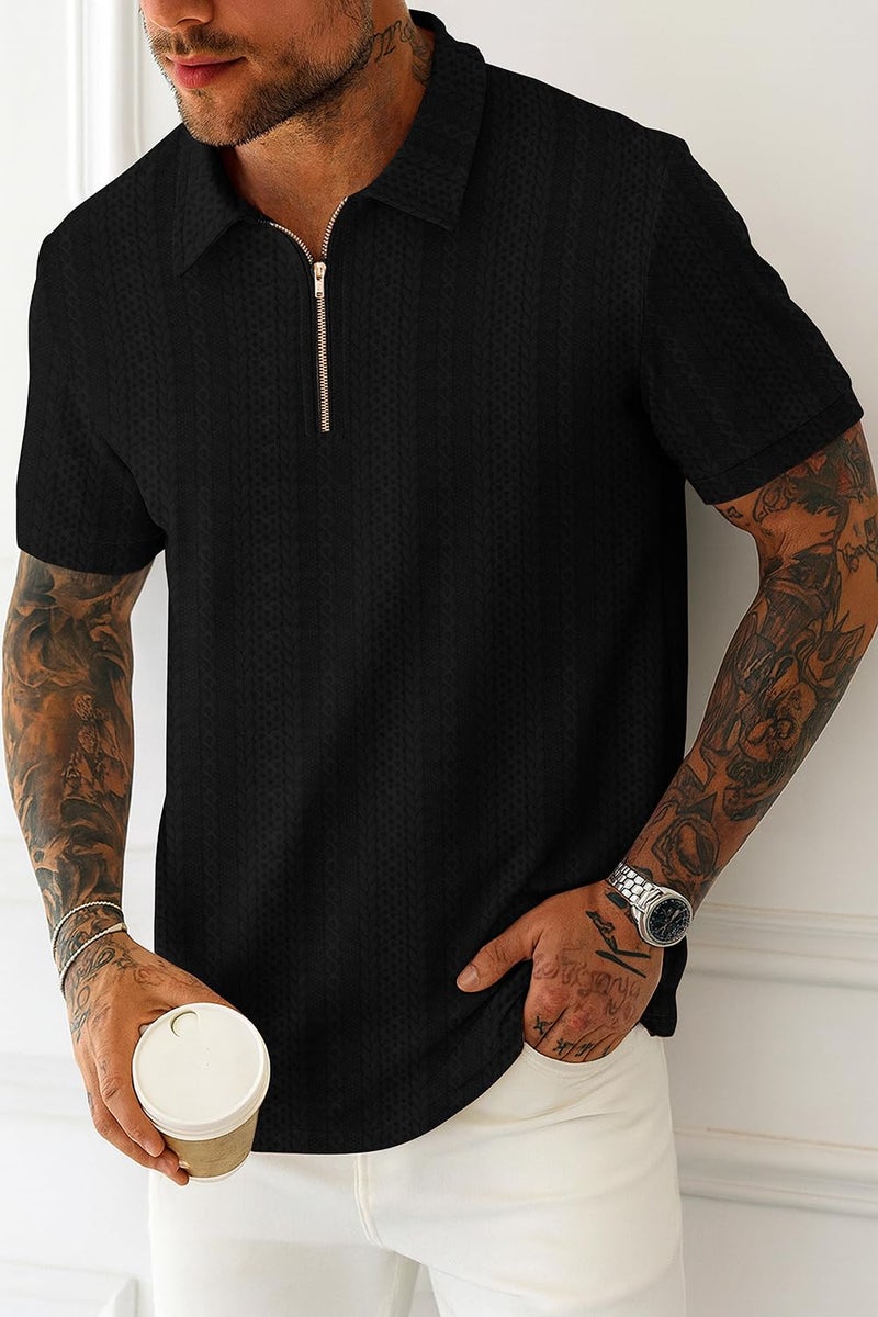 KAJARU Men's Polyester Blend t Shirt with Zip Regular Fit Short Sleeves Polo Collar Solid Pattern and Standard Length Black - Image 5
