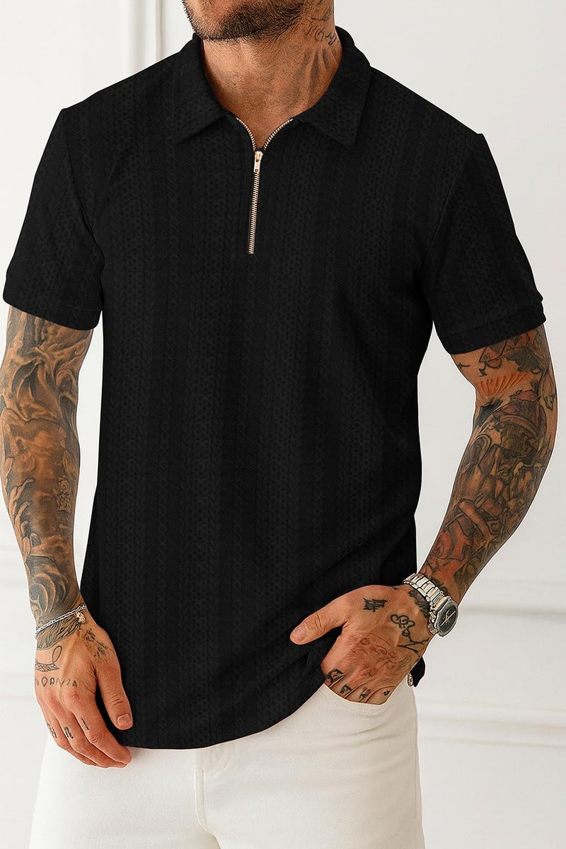 KAJARU Men's Polyester Blend t Shirt with Zip Regular Fit Short Sleeves Polo Collar Solid Pattern and Standard Length Black - Image 4