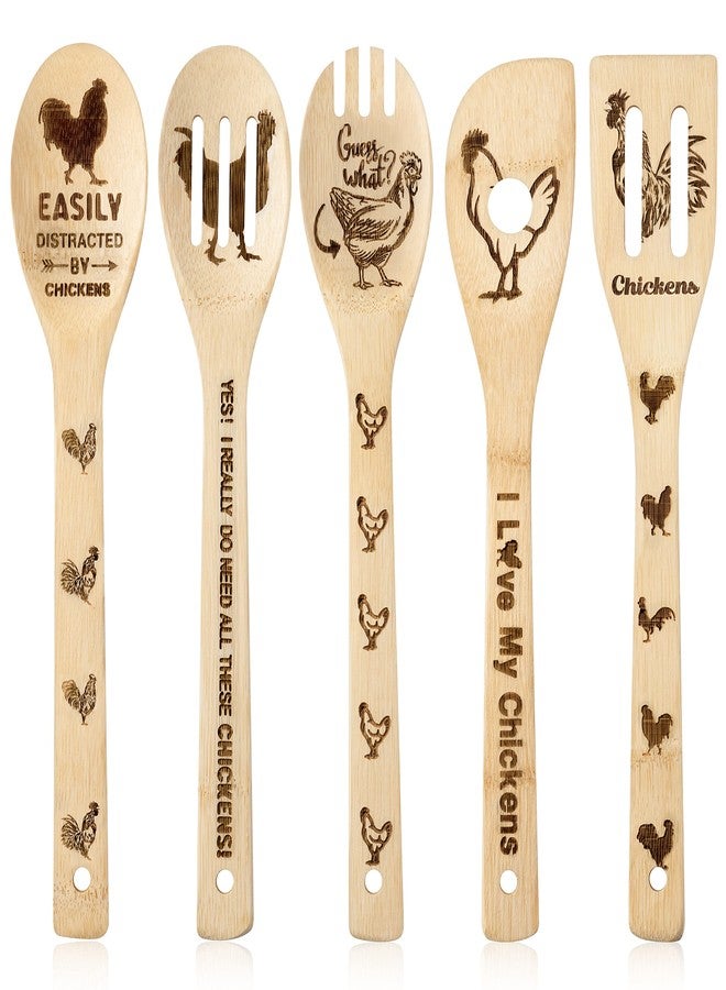 Eartim Rooster Chicken Wooden Spoons Utensils Set - 5Pcs Non-Stick Cooking Utensils Carve Burned Bamboo Spoons Spatula Kitchen Cookware Gadget Decor Kit Farmhouse Housewarming Present Gift for Parents - Image 1