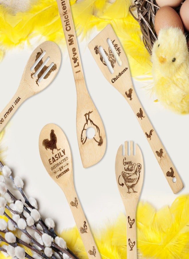 Eartim Rooster Chicken Wooden Spoons Utensils Set - 5Pcs Non-Stick Cooking Utensils Carve Burned Bamboo Spoons Spatula Kitchen Cookware Gadget Decor Kit Farmhouse Housewarming Present Gift for Parents - Image 5