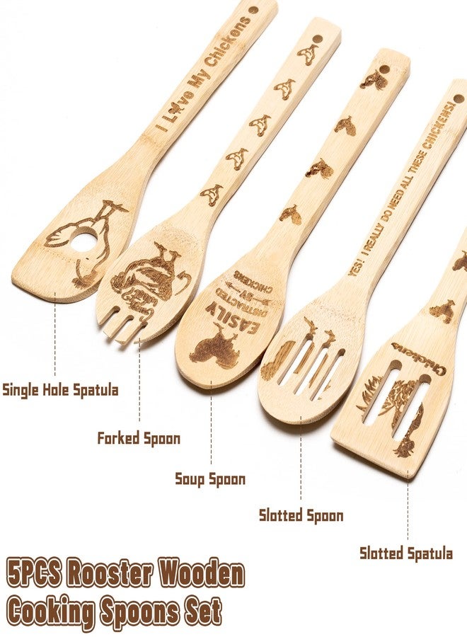 Eartim Rooster Chicken Wooden Spoons Utensils Set - 5Pcs Non-Stick Cooking Utensils Carve Burned Bamboo Spoons Spatula Kitchen Cookware Gadget Decor Kit Farmhouse Housewarming Present Gift for Parents - Image 2