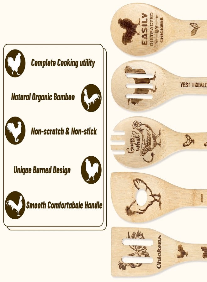 Eartim Rooster Chicken Wooden Spoons Utensils Set - 5Pcs Non-Stick Cooking Utensils Carve Burned Bamboo Spoons Spatula Kitchen Cookware Gadget Decor Kit Farmhouse Housewarming Present Gift for Parents - Image 4