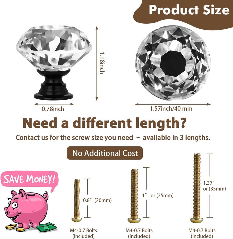 DeELF Outlet DEELF 12 Packs Kitchen Cabinet Knobs, 40 mm Crystal Cabinet Knobs, Diamond Dresser Handle Drawer Pulls, Dresser Knobs for Cabinets and Drawers, Black Base - Image 3