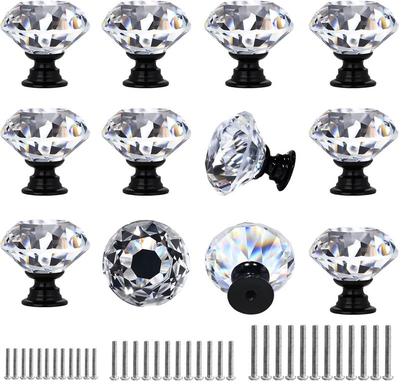 DeELF Outlet DEELF 12 Packs Kitchen Cabinet Knobs, 40 mm Crystal Cabinet Knobs, Diamond Dresser Handle Drawer Pulls, Dresser Knobs for Cabinets and Drawers, Black Base - Image 1