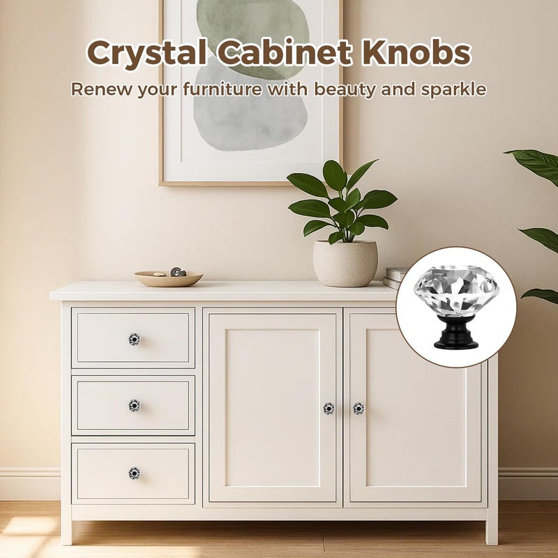 DeELF Outlet DEELF 12 Packs Kitchen Cabinet Knobs, 40 mm Crystal Cabinet Knobs, Diamond Dresser Handle Drawer Pulls, Dresser Knobs for Cabinets and Drawers, Black Base - Image 2