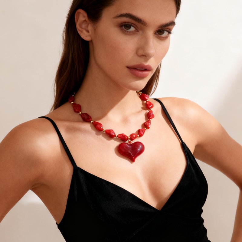 YUJIE Vibrant Red Acrylic Heart Pendant Necklace for Women Irregular Chunky Statement Puff Love Heart Bead Chain Trendy Valentine's & Party Accessory - Image 4