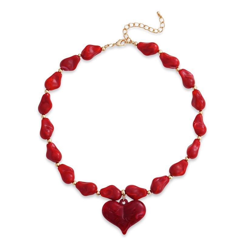 YUJIE Vibrant Red Acrylic Heart Pendant Necklace for Women Irregular Chunky Statement Puff Love Heart Bead Chain Trendy Valentine's & Party Accessory - Image 1