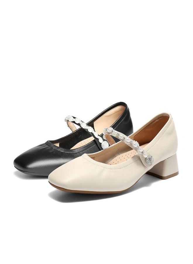 Senda a Mary Jane Women's Spring Autumn Lambskin Block Heel Square Toe Flats Zth03cq5 Off-white 37 - Image 4
