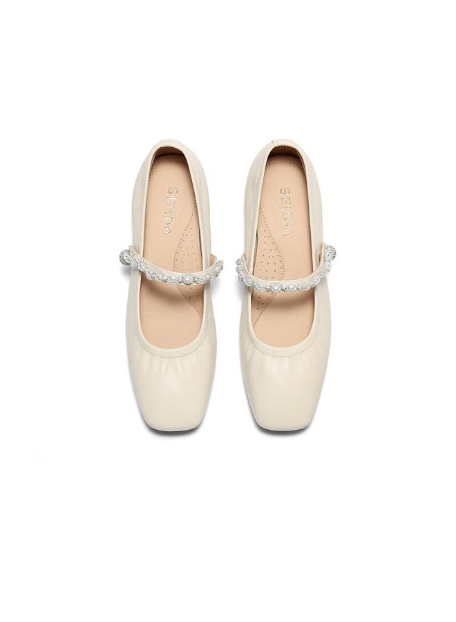 Senda a Mary Jane Women's Spring Autumn Lambskin Block Heel Square Toe Flats Zth03cq5 Off-white 37 - Image 2