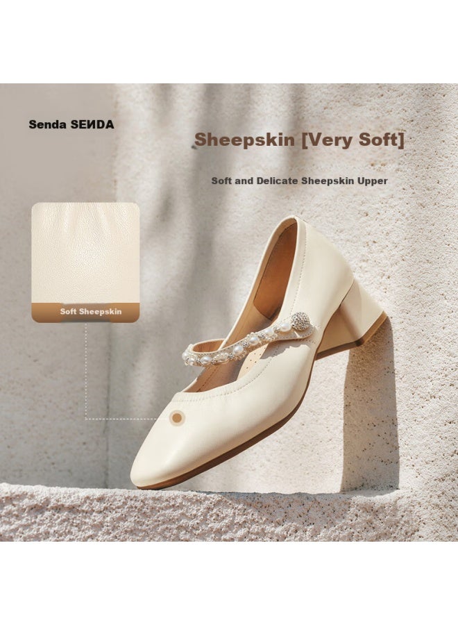 Senda a Mary Jane Women's Spring Autumn Lambskin Block Heel Square Toe Flats Zth03cq5 Off-white 37 - Image 1