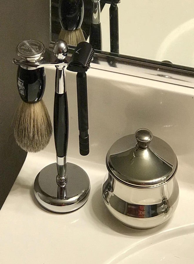 SANWA Deluxe Stainless Steel Shaving Brush Stand Holder for Razor & Brush - Extra Wide Openings, Weighted Base Black Handle - Image 5