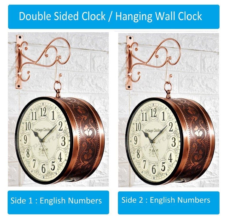 Vintage Clock Handcrafted Double Side Analog Wall Clock 1 Year Warranty / 65470-10-HH, Iron, 25x25 cm, Two Side English Number, rose Gold - Image 2
