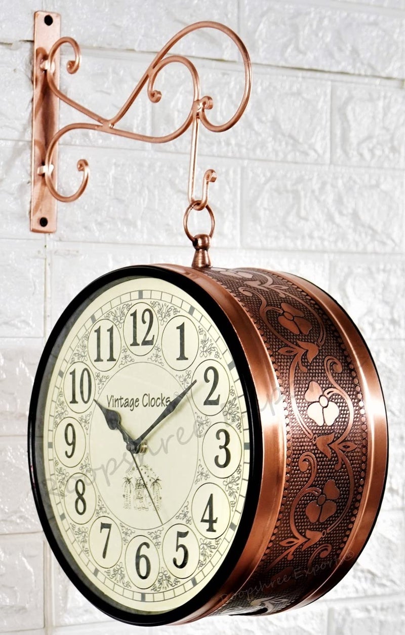 Vintage Clock Handcrafted Double Side Analog Wall Clock 1 Year Warranty / 65470-10-HH, Iron, 25x25 cm, Two Side English Number, rose Gold - Image 1