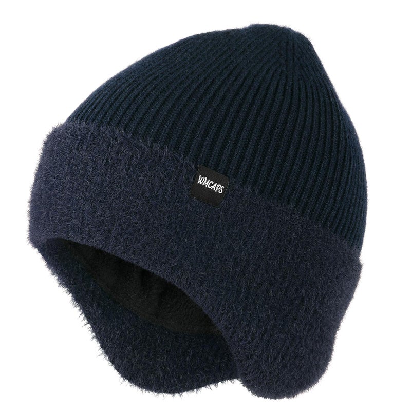 Wmcaps Winter Fleece Line Beanie with Earflap for Men Women, Outdoor Warm Thermal Knitted Hat Stocking Caps (Navy Blue) - Image 1