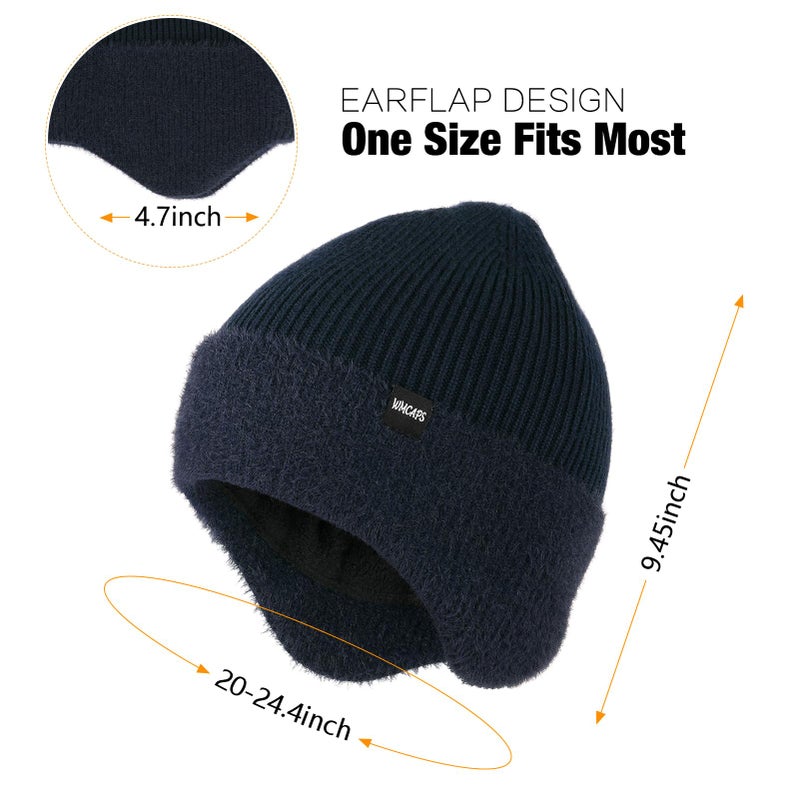 Wmcaps Winter Fleece Line Beanie with Earflap for Men Women, Outdoor Warm Thermal Knitted Hat Stocking Caps (Navy Blue) - Image 2