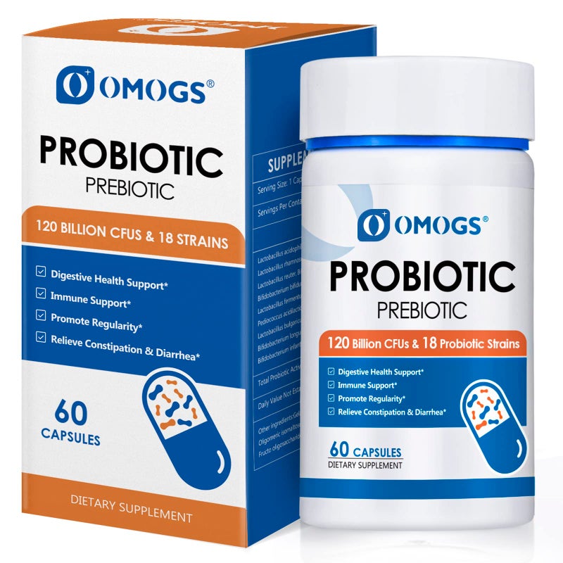 OMOGS Probiotics 120 Billion CFUs 18 Strains 3 Prebiotics Digestive Enzymes Helps Digestive Gut Health Immune Supports Occasional Constipation Diarrhea Gas for Women Men 60 Capsules