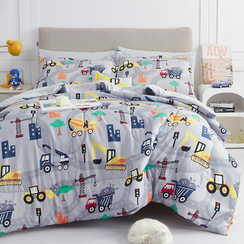 Mooreeke Kids Twin Comforter Sets for Boys 6 Pieces Excavator Grey Bedding Set for Teens Soft Microfiber Kids Bed in A Bag with Comforter, Sheet Set, Shams and Decorative Toy Pillow All Season - Image 1