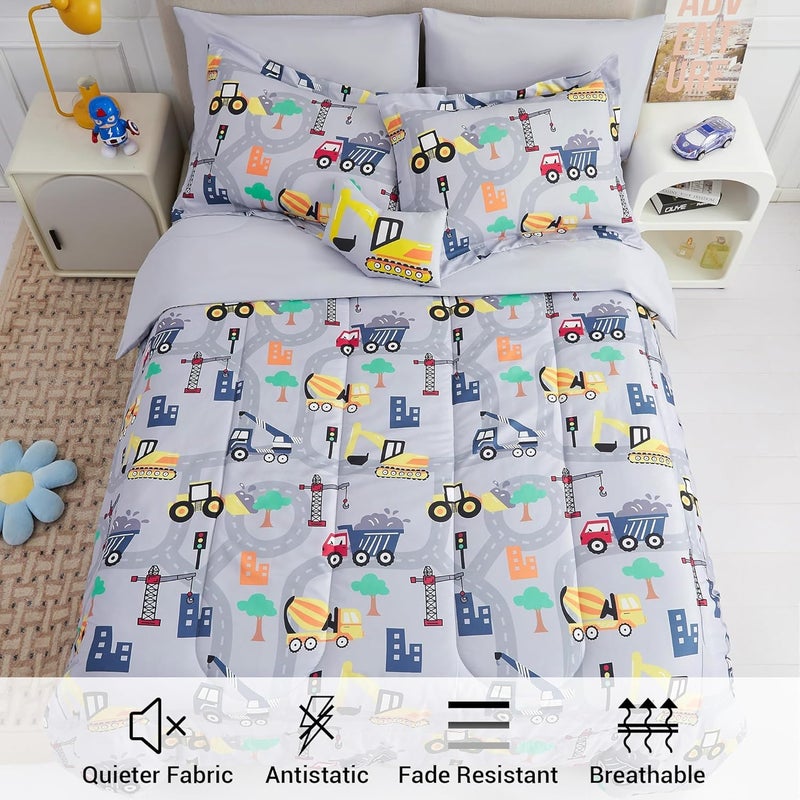 Mooreeke Kids Twin Comforter Sets for Boys 6 Pieces Excavator Grey Bedding Set for Teens Soft Microfiber Kids Bed in A Bag with Comforter, Sheet Set, Shams and Decorative Toy Pillow All Season - Image 3