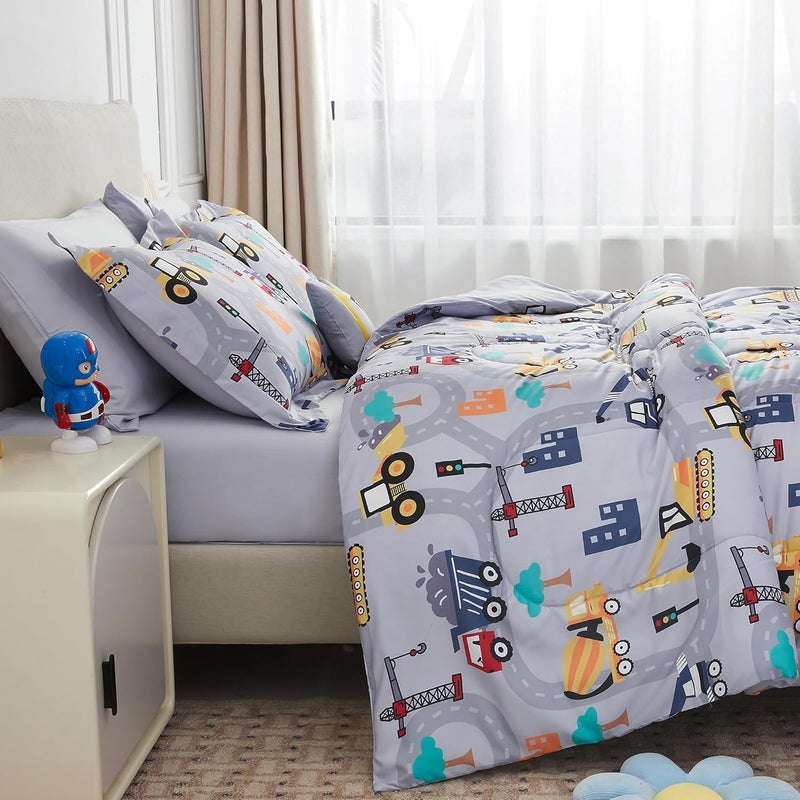 Mooreeke Kids Twin Comforter Sets for Boys 6 Pieces Excavator Grey Bedding Set for Teens Soft Microfiber Kids Bed in A Bag with Comforter, Sheet Set, Shams and Decorative Toy Pillow All Season - Image 4