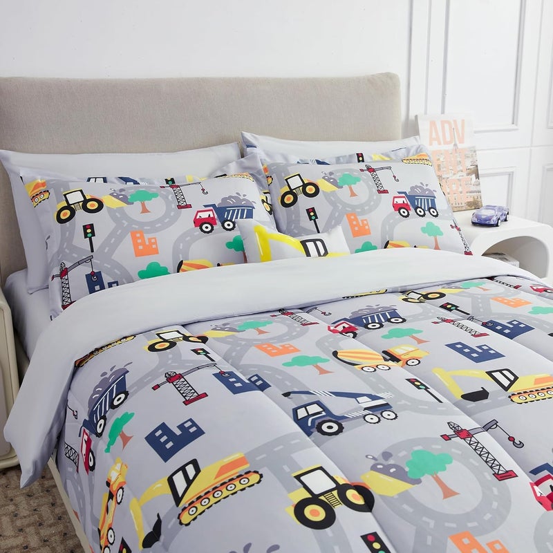 Mooreeke Kids Twin Comforter Sets for Boys 6 Pieces Excavator Grey Bedding Set for Teens Soft Microfiber Kids Bed in A Bag with Comforter, Sheet Set, Shams and Decorative Toy Pillow All Season - Image 2