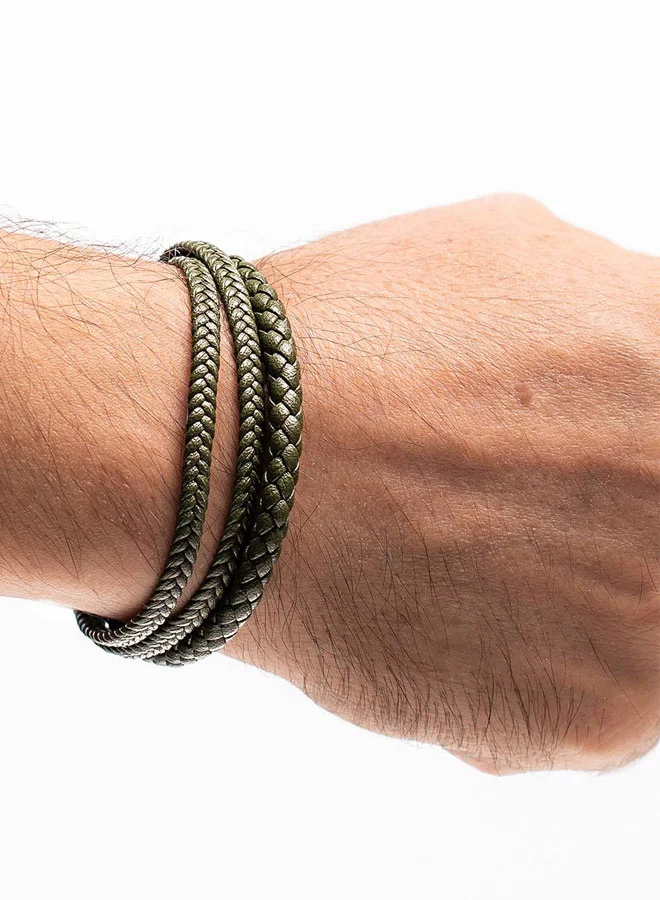 CHRYSOSTOMOS Handmade Leather Bracelet for Men with Multi-Line Design and Two Green Braided Straps