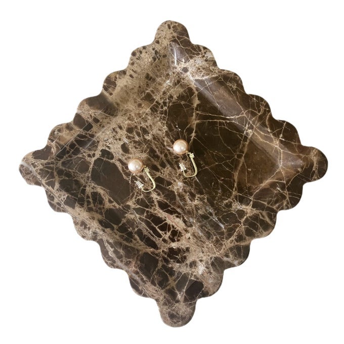 VINTAGE NATURAL MARBLE TRAY SMALL ORNAMENTS SCALLOPED TRAY HANDMADE STORAGE DISH FOR COUNTER VANITY DRESSER NIGHTSTAND AND DESK COFFEE NET
