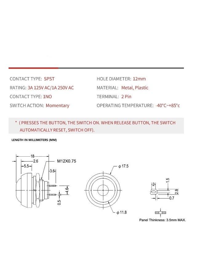 Latching Push on Switch, 6 Pcs Momentary Push on Switch Mini Round Switch, 12mm, 220V 3A, with Pre-soldered Wire (Red) - Image 2