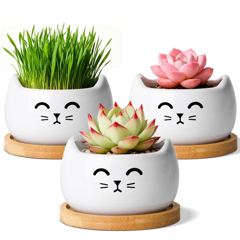 T4U Cat Planter 38 Inch 3 Pcs Cute Cat Small Plant Pots for Indoor Plants Mini Cat Succulent Pots for Plants Ceramic Succulent Planters with Drainage Tiny Flower Pots - Image 2
