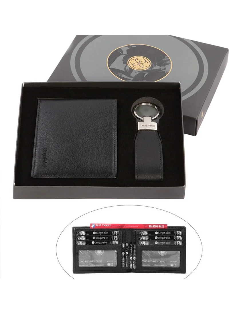 Cengiz Pakel Leather Black Men's Wallet + Keychain Set