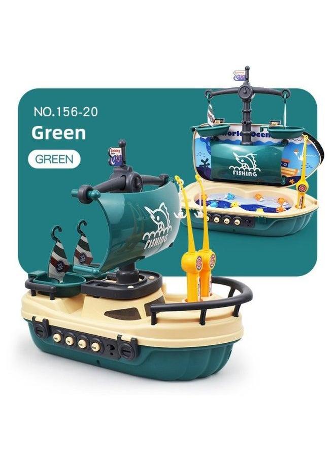 Children's Electric Magnetic Fishing Table Toy Backpack Sailboat Multi-function Early Education Music Rotating Plate-Color:156-20 Platform Green - Image 1