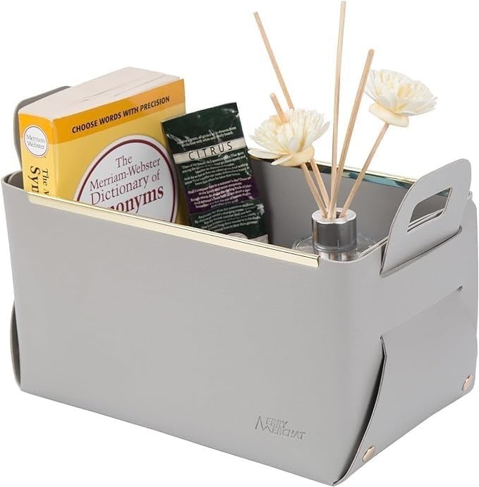 PROSFIA Foldable Storage Bins for Table and Desktop Fancy Indoor Decorative Leatheroid Storage Basket Tray Collapsible Ideal for Keys Remote Cellphone Notes DVD - Image 1