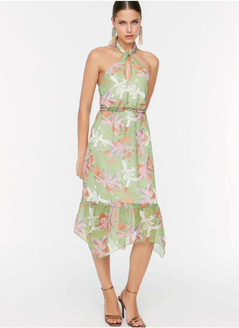 trendyol Halter Neck Floral Print Cut Out Detail Dress