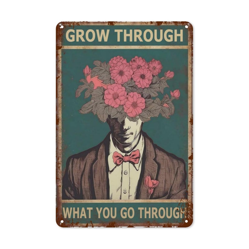 LifeWheel Vintage Tin Sign - Sunflower Grow Through What You Go Through. Rustic Wall Art Decor for Garden, Bathroom, Home. Retro Style, Unique Gift for Hippie, Boho enthusiasts. 8x12 Inches - Image 1