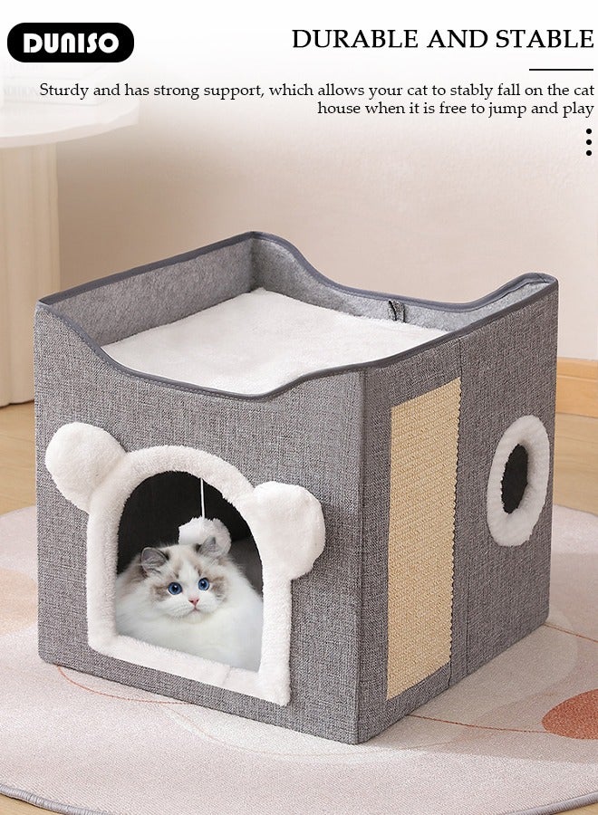 DUNISO Cat House, Foldable Cat Bed for Indoor Cats and Puppies, Durable Large All-Season Pet Play Rest Sleep Cube Cave with Fluffy Hanging Ball, Scratch Pad, and Detachable Storage Box, Cat Hideaway - Image 5