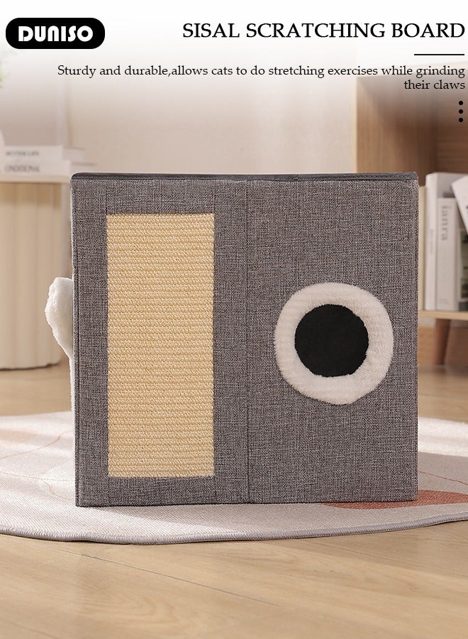 DUNISO Cat House, Foldable Cat Bed for Indoor Cats and Puppies, Durable Large All-Season Pet Play Rest Sleep Cube Cave with Fluffy Hanging Ball, Scratch Pad, and Detachable Storage Box, Cat Hideaway - Image 4
