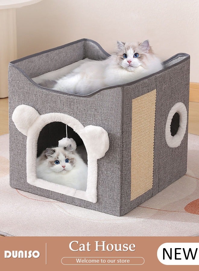 DUNISO Cat House, Foldable Cat Bed for Indoor Cats and Puppies, Durable Large All-Season Pet Play Rest Sleep Cube Cave with Fluffy Hanging Ball, Scratch Pad, and Detachable Storage Box, Cat Hideaway - Image 1