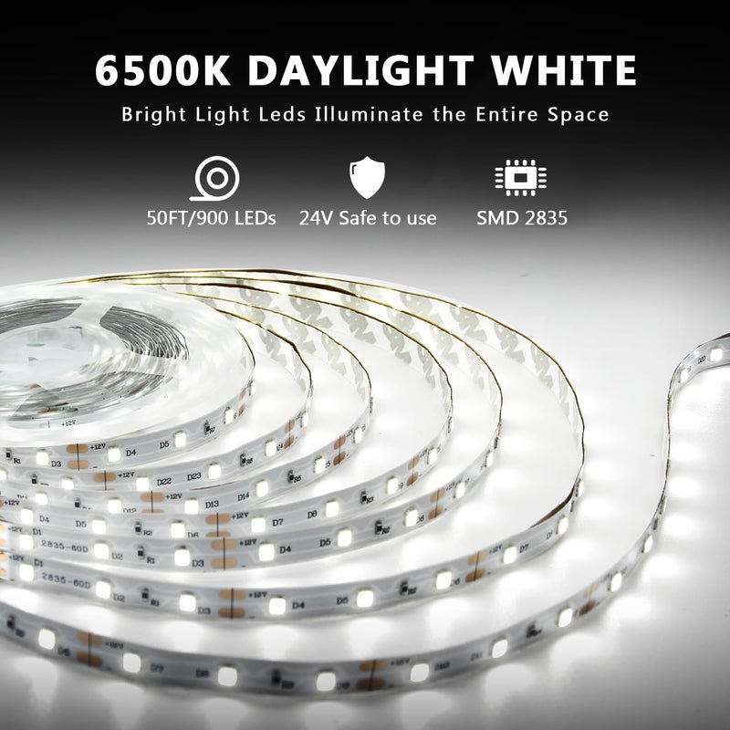 dalattin White LED Strip Lights 50ft Dimmable Bright 24V Led Light Strip 6500K Daylight White 900 LEDs Lights for Bedroom, Mirror, Kitchen, Strong Adhesiveï¼ˆ2 Rolls of 25ftï¼‰ - Image 2