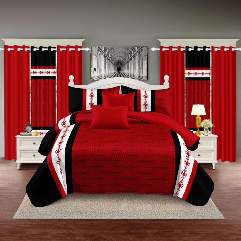 Deepsleep Queen Comforter Set 9 Pieces, All Season Luxury Bed in a Bag for Bedroom, with 2 Pillowcases and 6 Curtains, Microfiber for Complete Bedroom Decor, Black and Red Stripes - Image 1