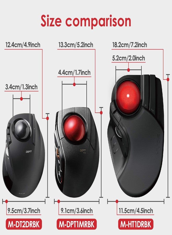 ELECOM DEFT PRO Trackball Mouse, Wired, Wireless, Bluetooth, Finger Control, Ergonomic Design, 8-Button Function, Optical Gaming Sensor, Smooth Red Ball, Windows11, MacOS(M-DPT1MRBK) - Image 4