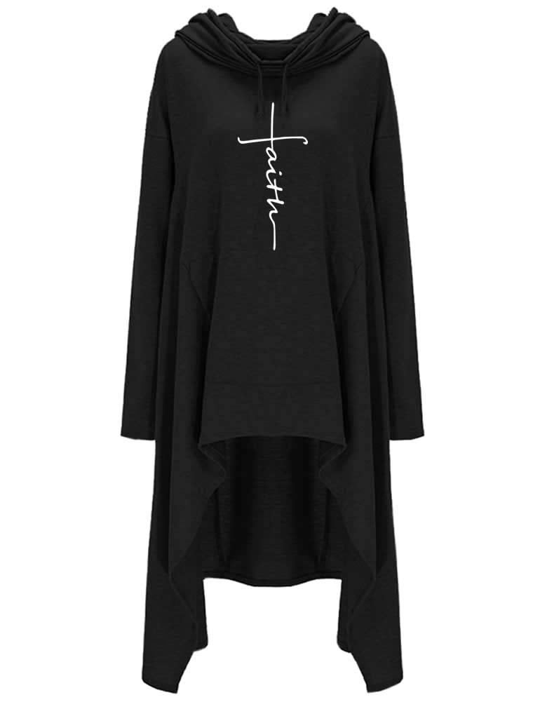 Rfecccy Faith Print Long Sleeve Loose Casual Pullovers Irregular Hem Long Hoodies for Women Black - Image 2