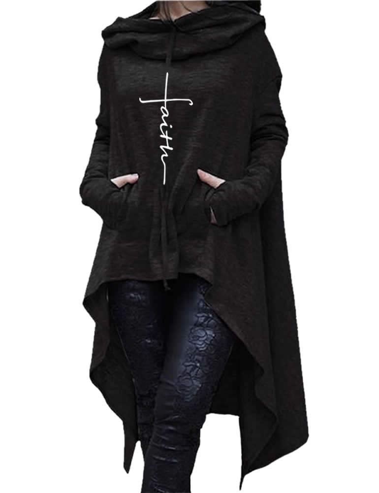 Rfecccy Faith Print Long Sleeve Loose Casual Pullovers Irregular Hem Long Hoodies for Women Black - Image 1