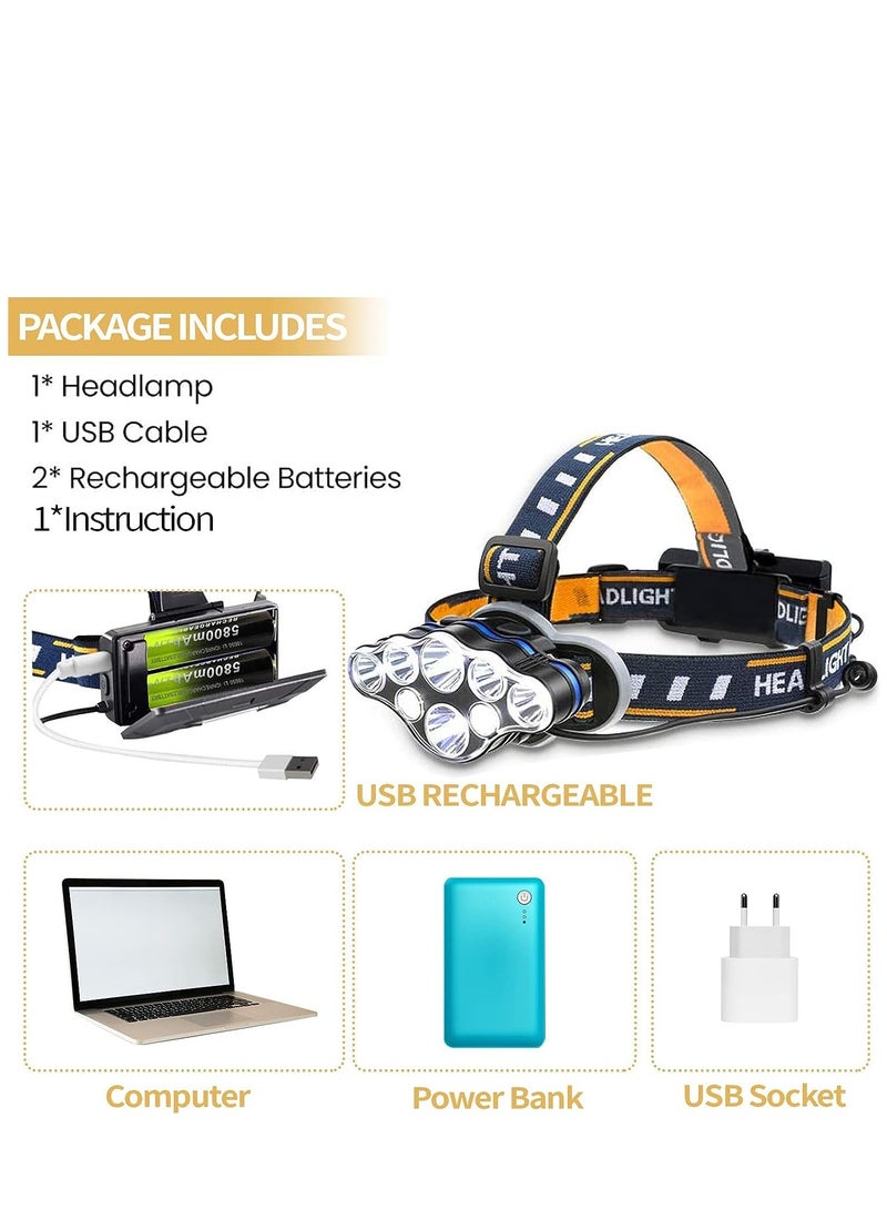 Flashlight 8 LED 18000 lumens super bright waterproof red light headlight flashlight, USB rechargeable headlight 8 modes suitable for outdoor camping, running, fishing, hiking - Image 4