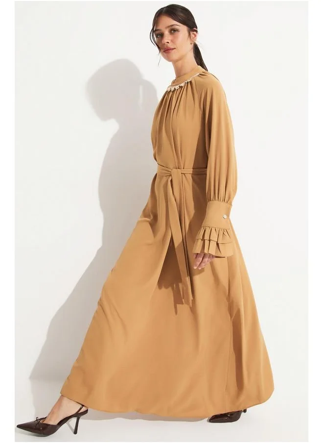 جون June Bell Sleeve Stone Neck Dress Tan